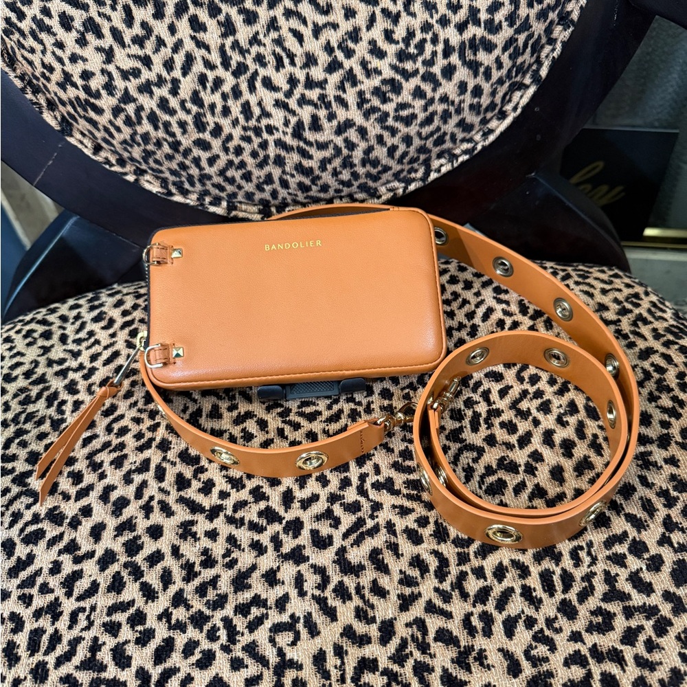 Bandolier Spice Leather Pouch with Gold Hardware & Strap